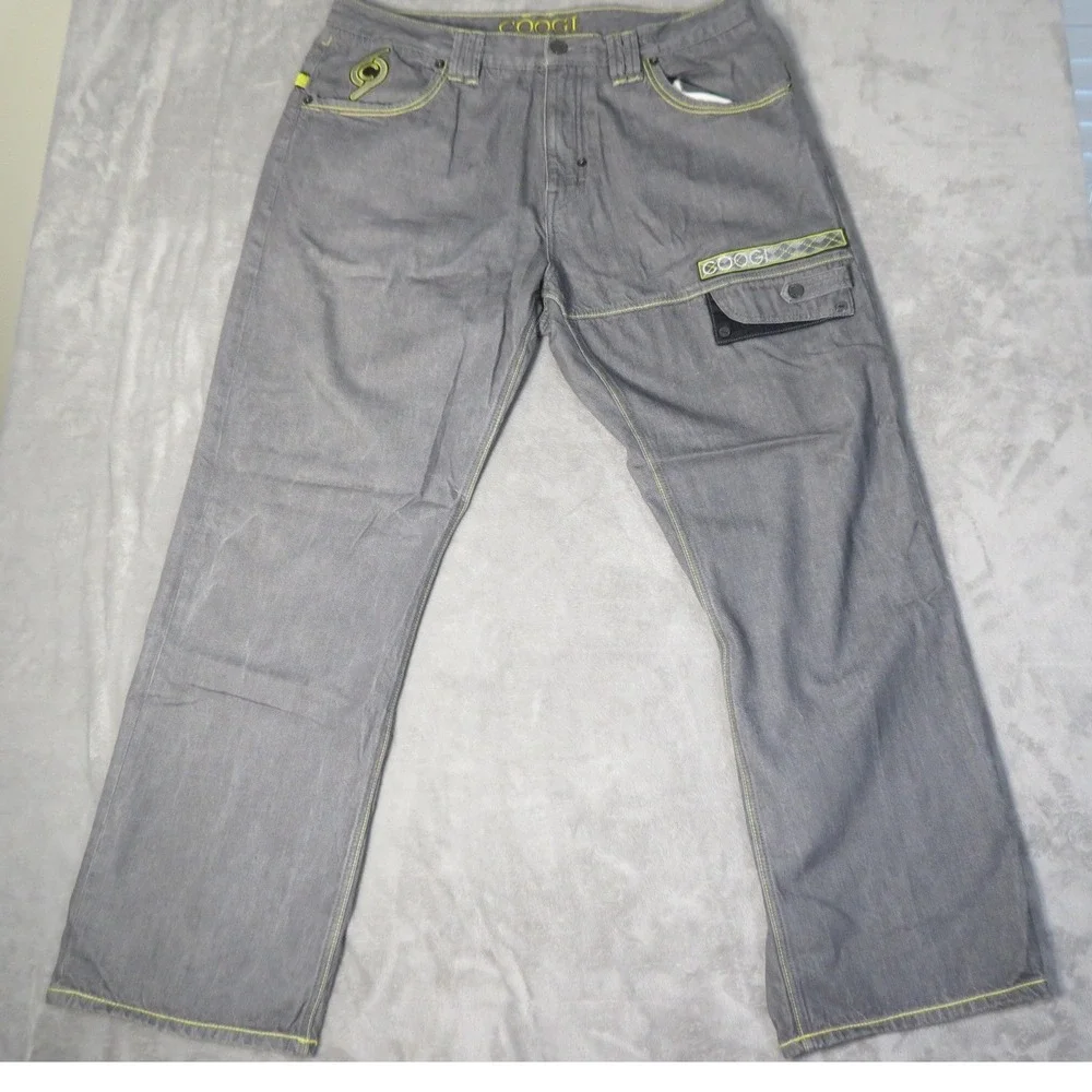 Vintage Coogi Jeans Mens W42 L35 Grey Neon Yellow Embroidered Relaxed Straight